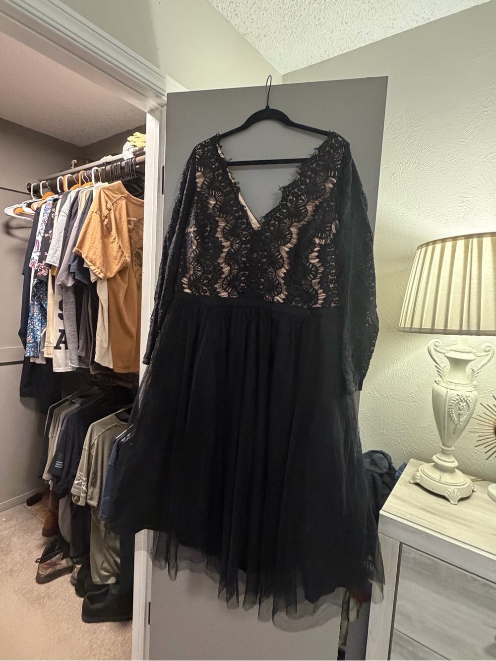 City Chic Black Lace V-Neck Long Sleeve Tulle Skater Dress